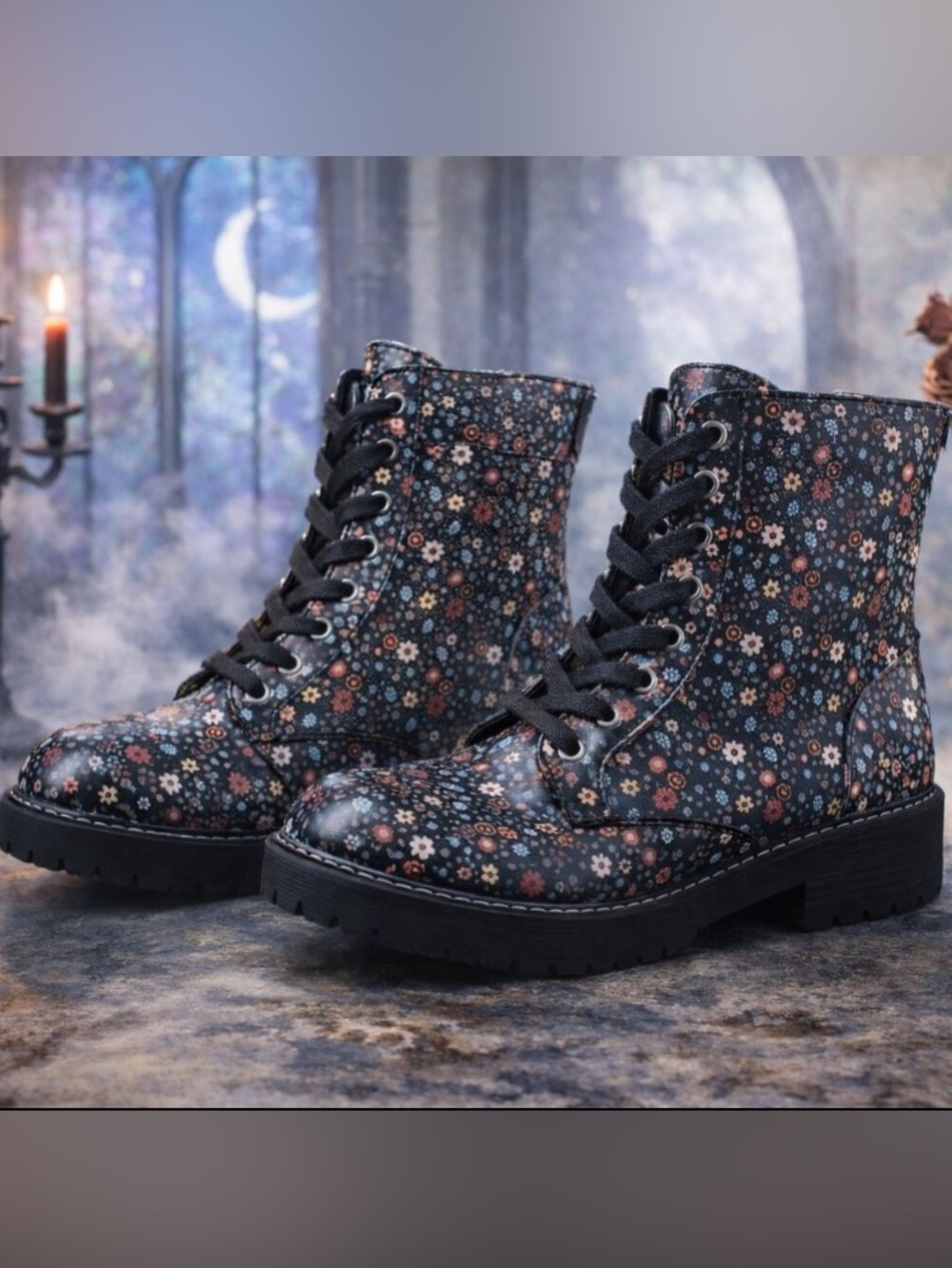 Whimsygoth Floral Platform Combat Boots - NWOT